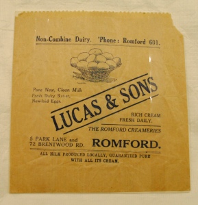 Branded paper bag of unknown date, which, like the bottle, features the name 'Romford Creameries', also on display at the Museum. Courtesy of Brian Evans